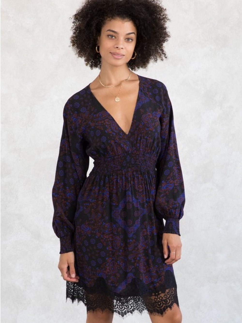 NWT LoveStitch Black dress lace vneck smocked waist- long sleeve paisley print S - Picture 2 of 7